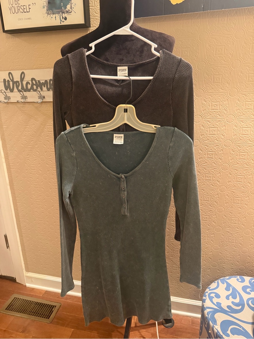 PINK Victoria's Secret Ribbed Henley Tops in Charcoal and Olive